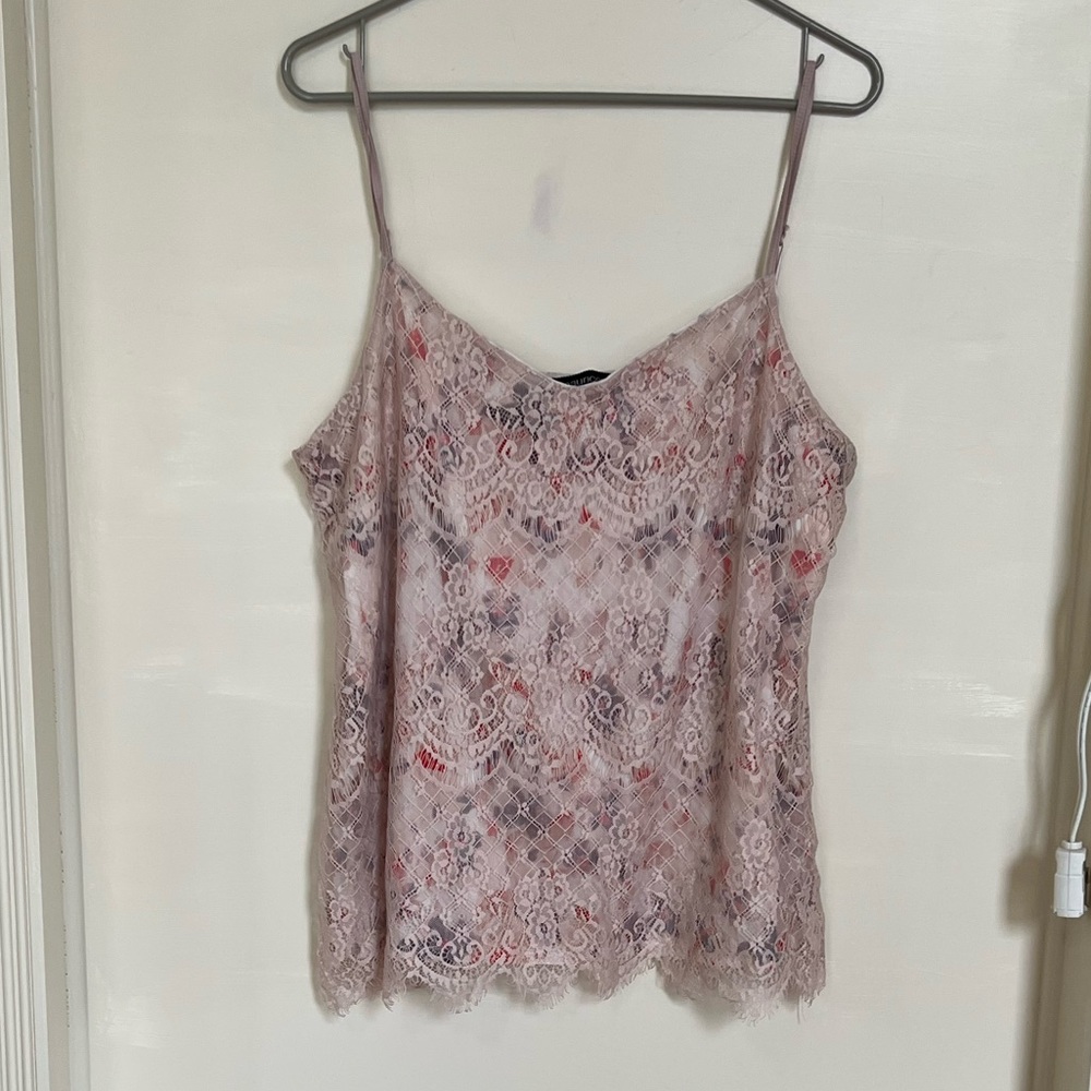 Pink patterned tank top with lace overlay